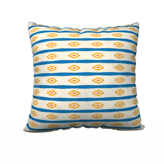  throw pillow case with a geometric pattern featuring blue and yellow colors. Left Coast Supply