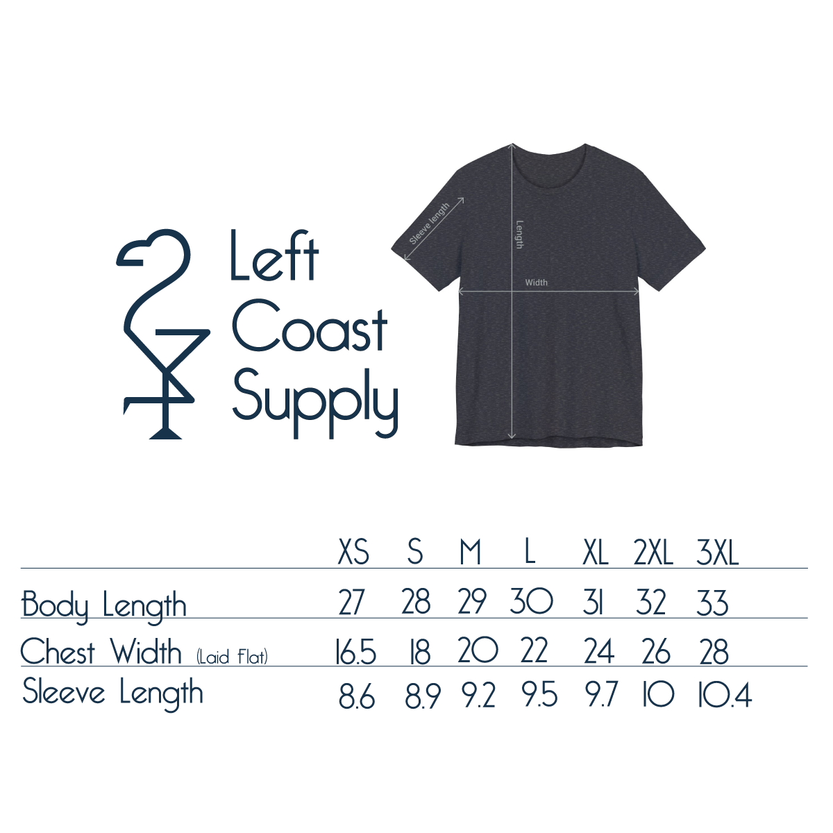 Size guide for shirts. Left Coast Supply