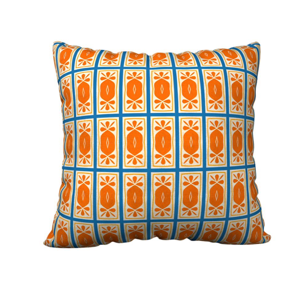 Blue and orange vintage block print pillow case.