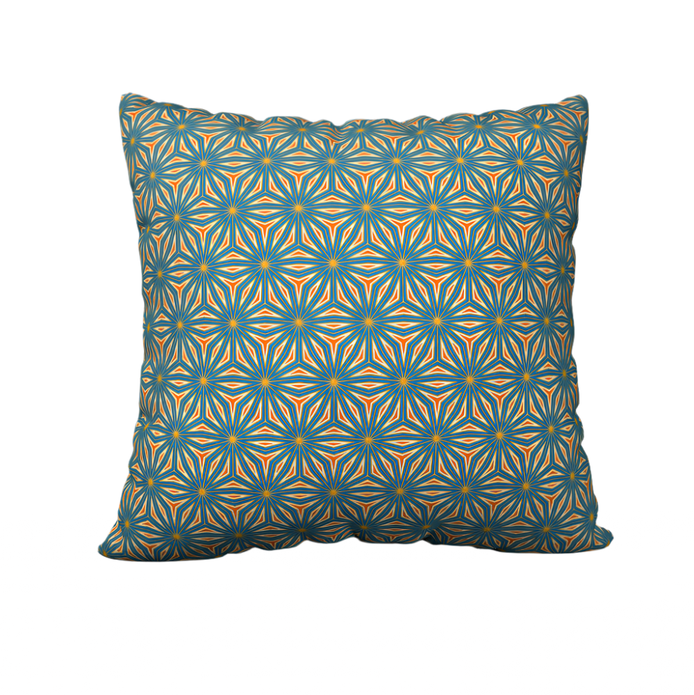 Blue and orange pattern pillow case.