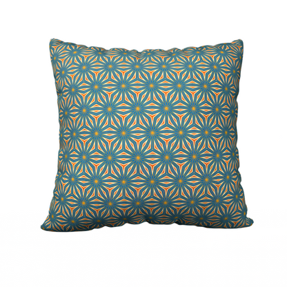 Blue and orange pattern pillow case.