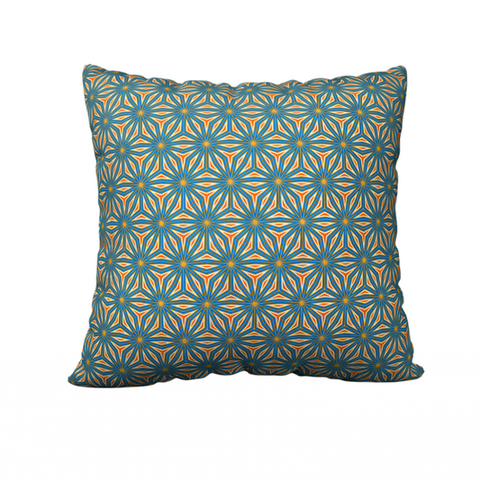 Blue and orange pattern pillow case.