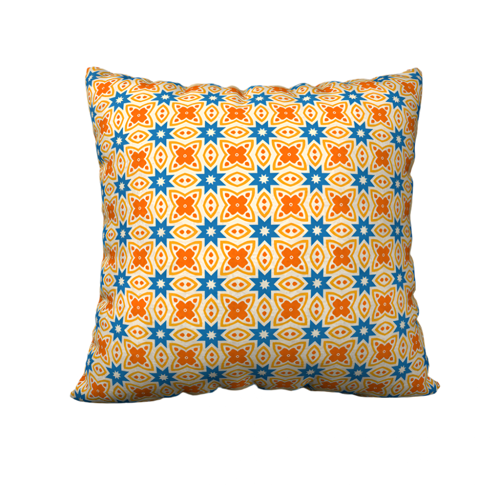 Blue and orange pattern pillow case.