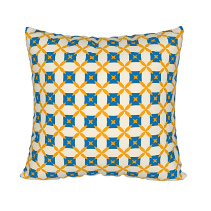 Yellow and blue pattern pillow case.