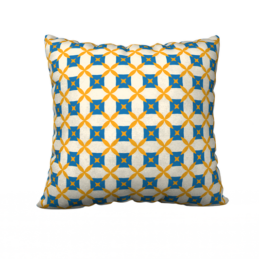 Yellow and blue pattern pillow case.