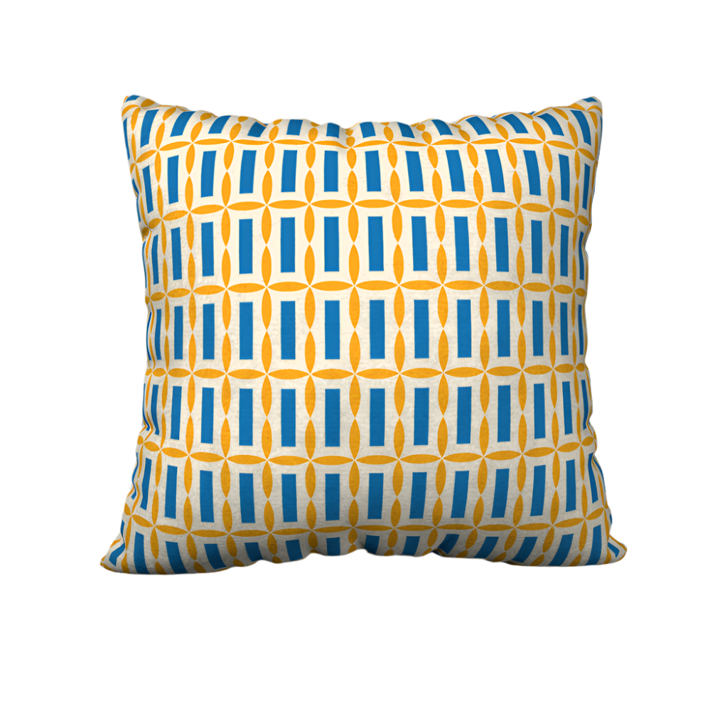 Blue and yellow block print tiki pillow case.