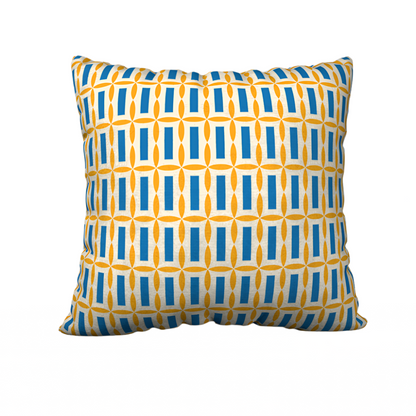 Blue and yellow block print tiki pillow case.