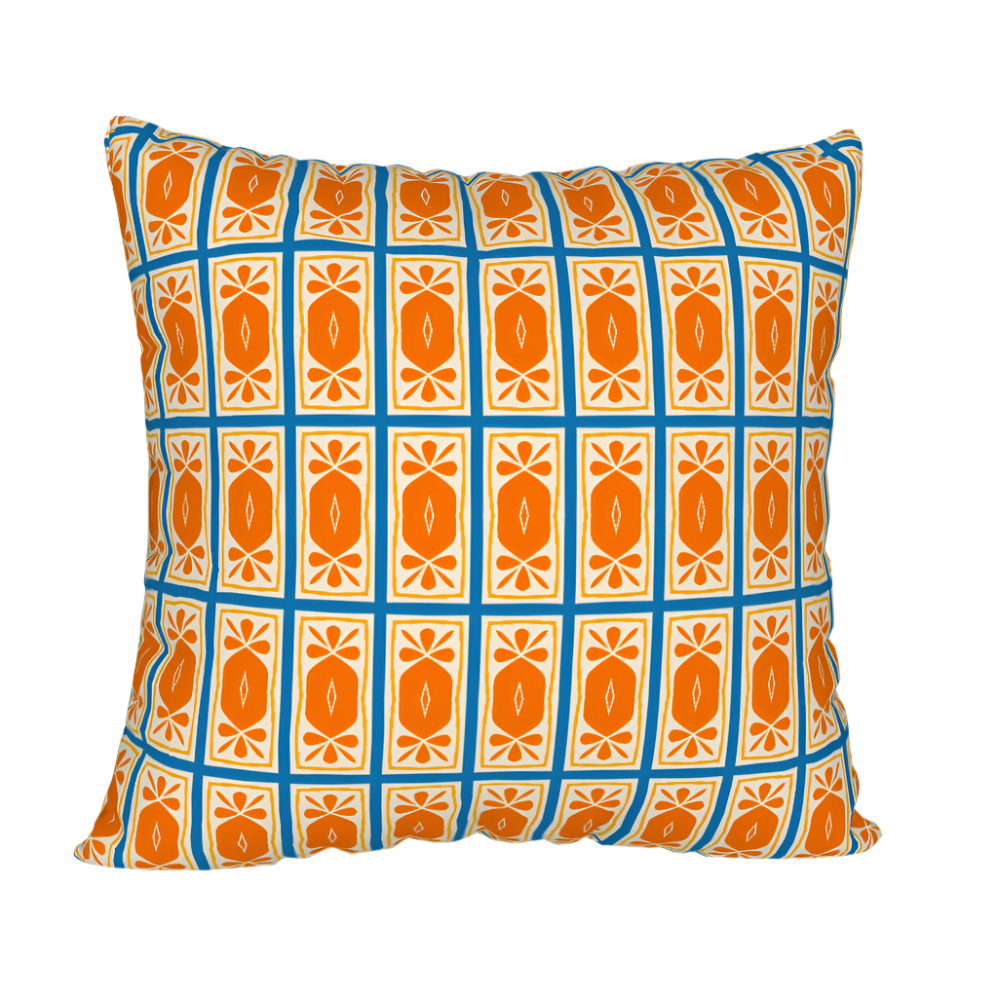Orange and blue block print pillow case.