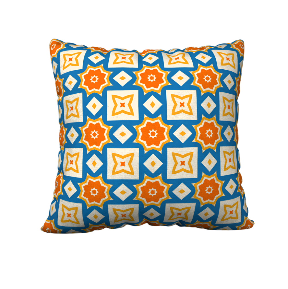 Orange and blue pattern pillow case.