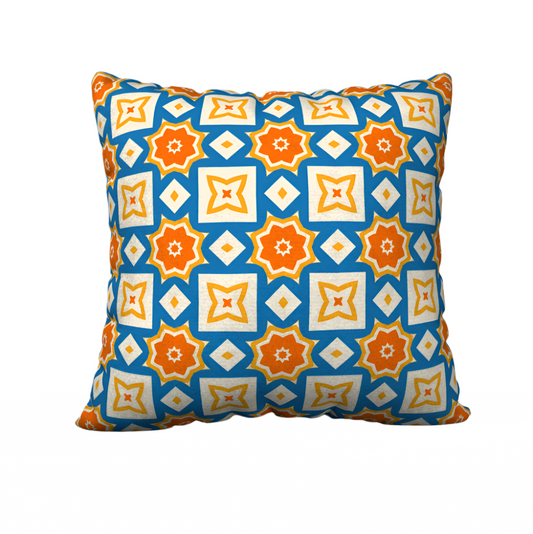Orange and blue pattern pillow case.