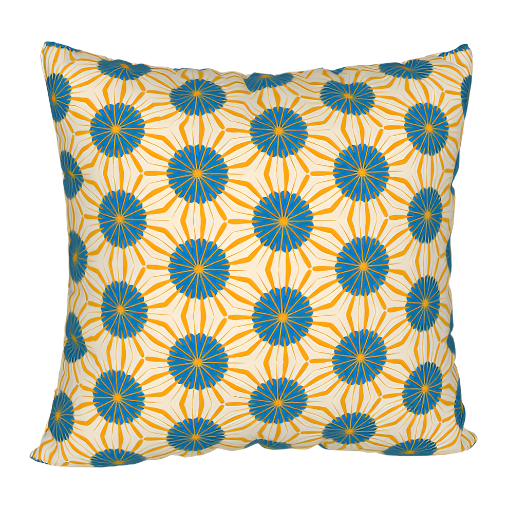 Blue and orange pillow case with a vintage tiki print.