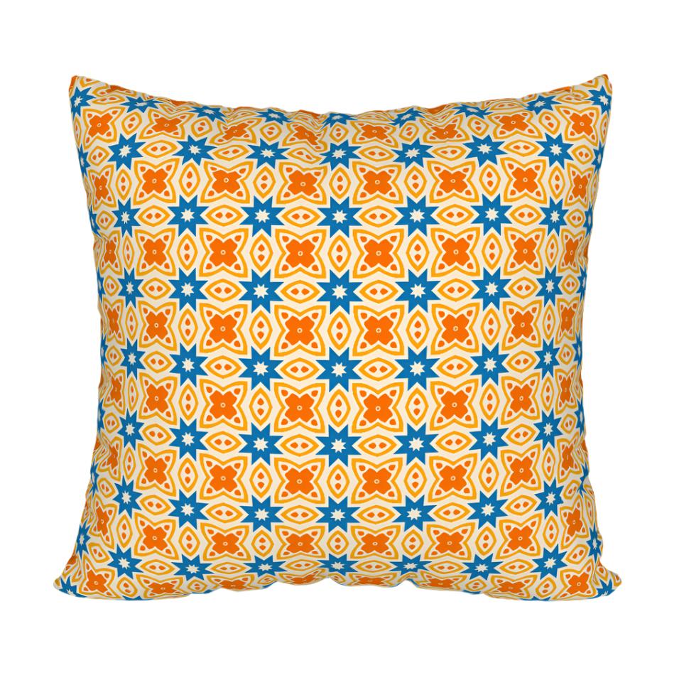 Blue and orange pattern pillow case.
