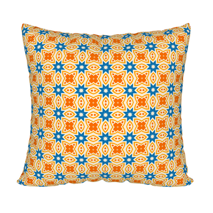 Blue and orange pattern pillow case.