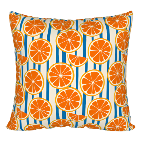  throw pillow case with a pattern featuring orange and slices on a blue and white background left coast supply