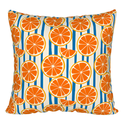  throw pillow case with a pattern featuring orange and slices on a blue and white background left coast supply
