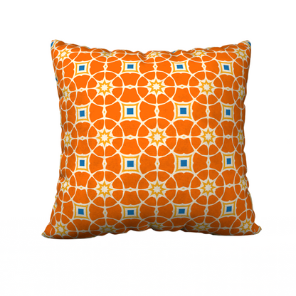 Orange pillow case with a abstract vintage tiki print. 