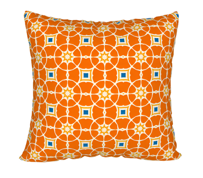 Orange pillow case with a abstract vintage tiki print. 