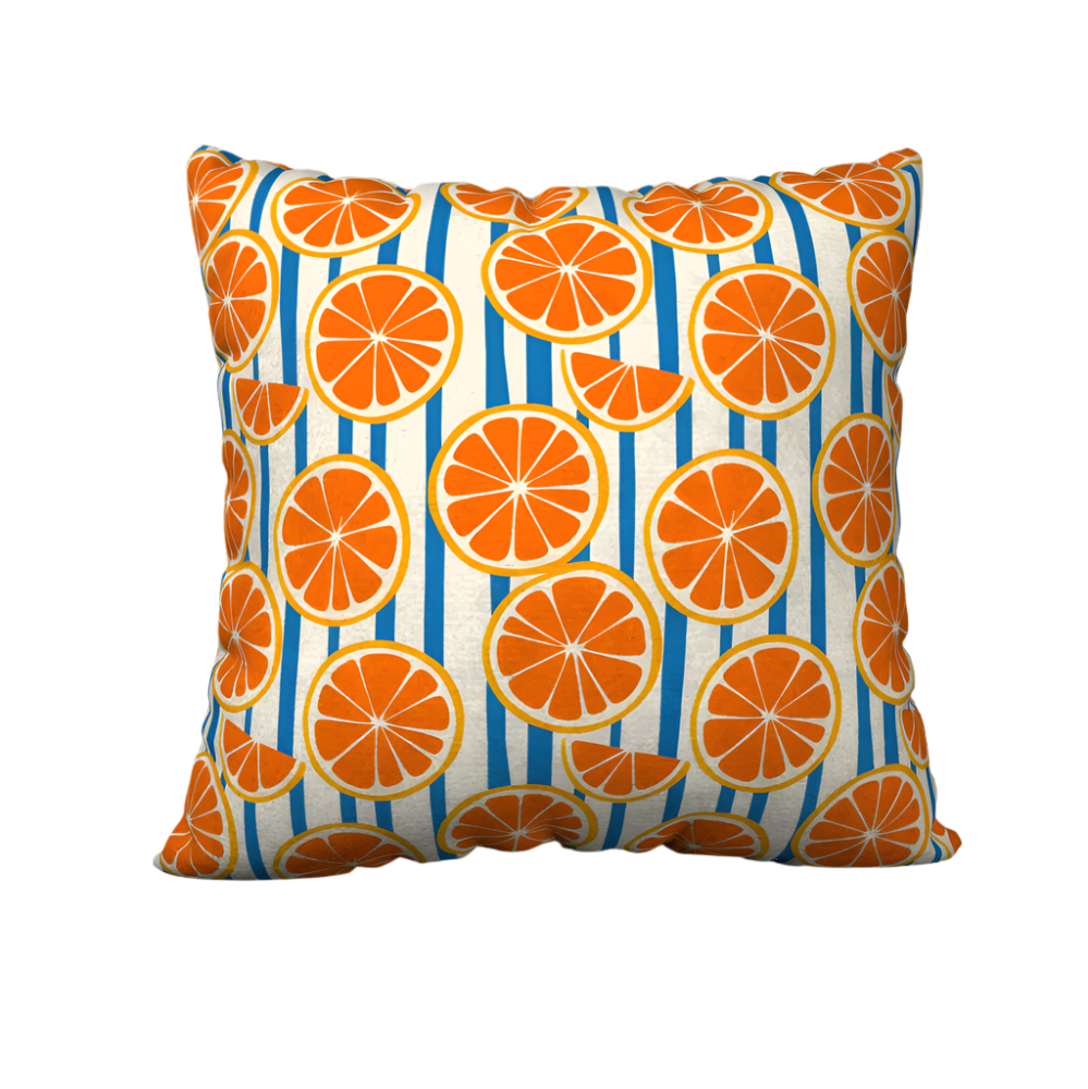  throw pillow case with a pattern featuring orange and slices on a blue and white background left coast supply