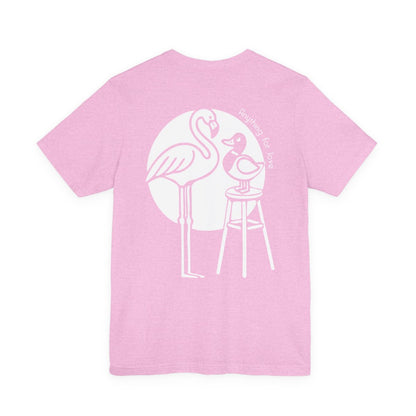 Pink t-shirt with white flamingo and duck design on the back Left Coast Supply