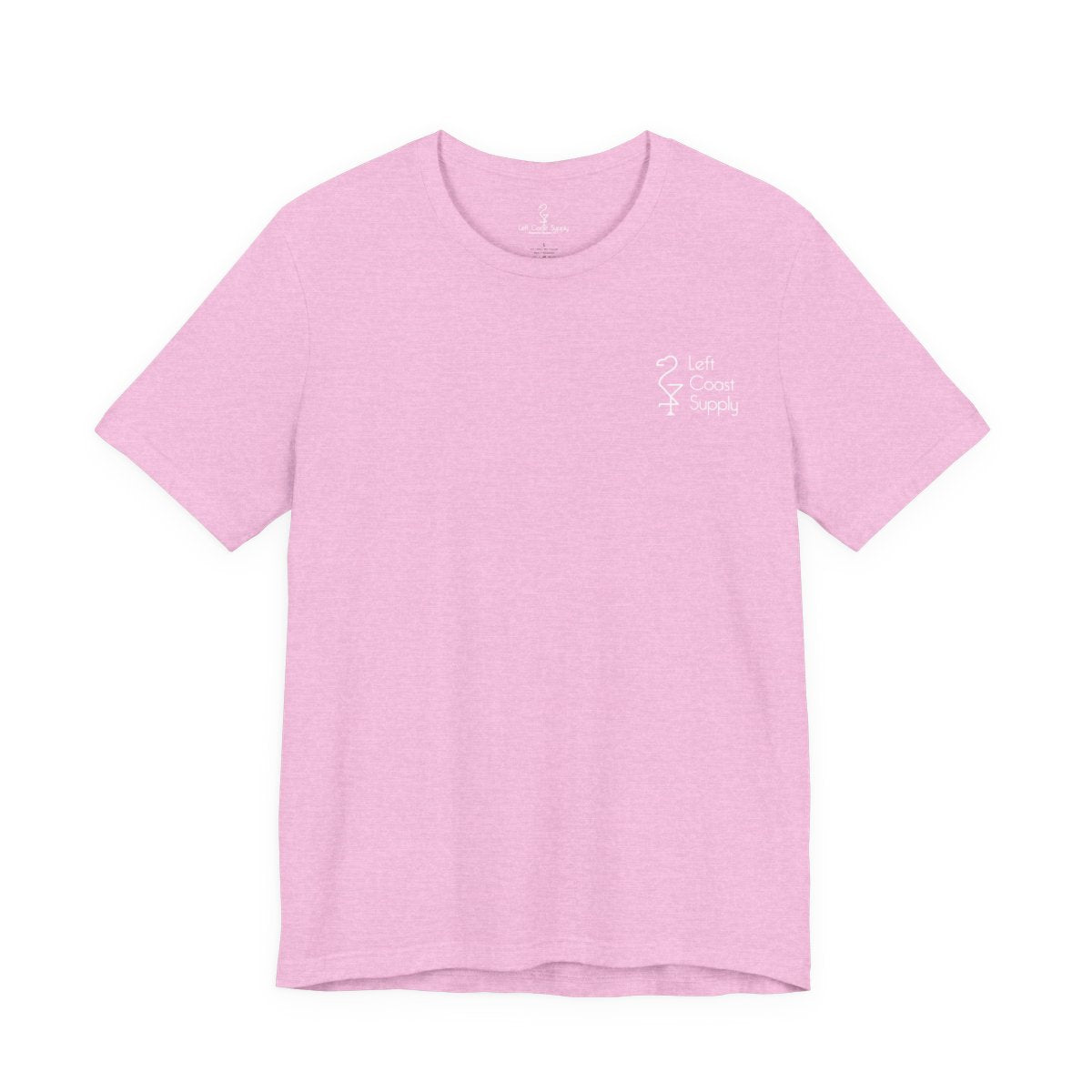 Pink t-shirt with white flamingo and duck design on the back Left Coast Supply