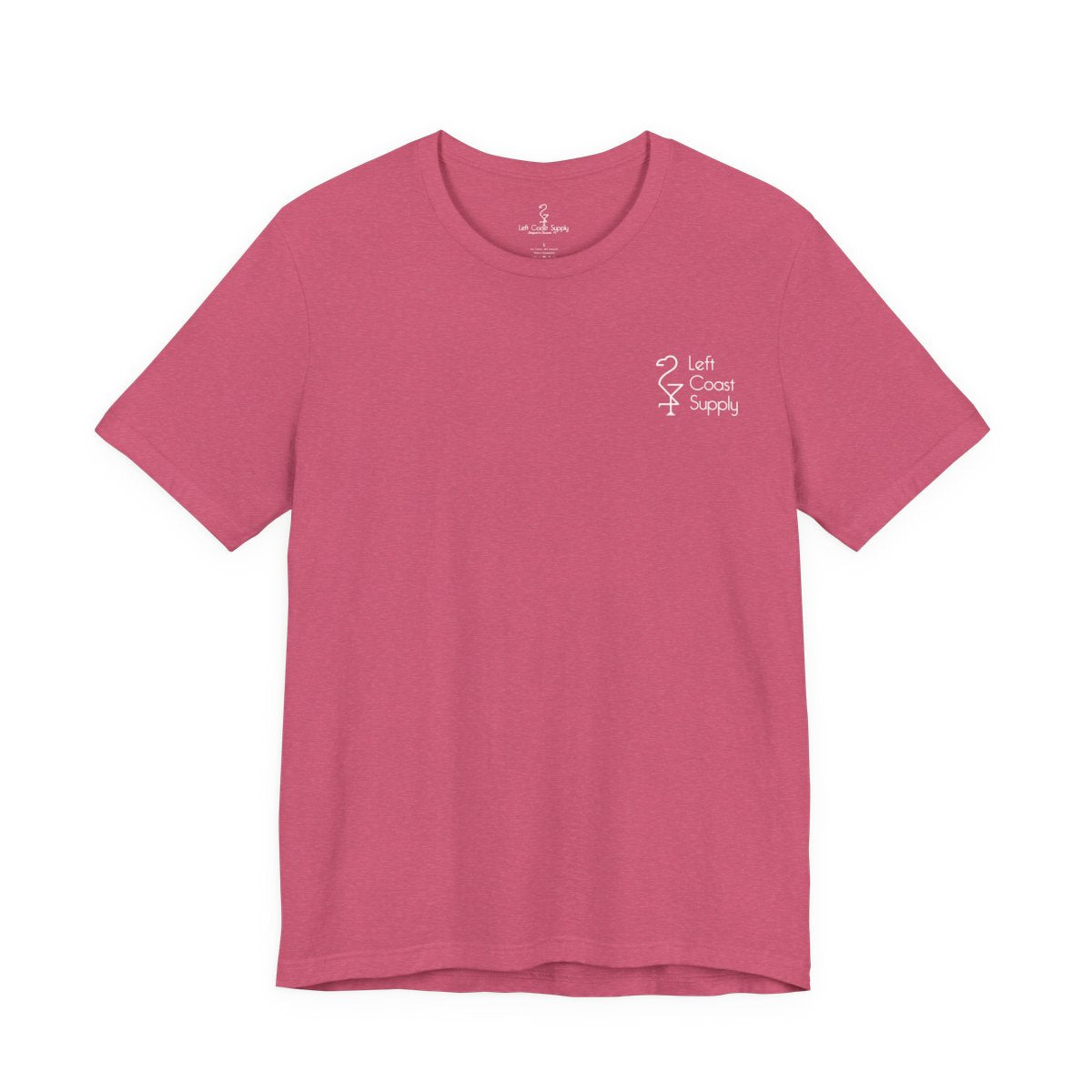 Pink t-shirt with white flamingo and duck design on the back Left Coast Supply