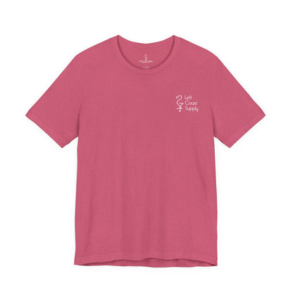 Pink t-shirt with white flamingo and duck design on the back Left Coast Supply
