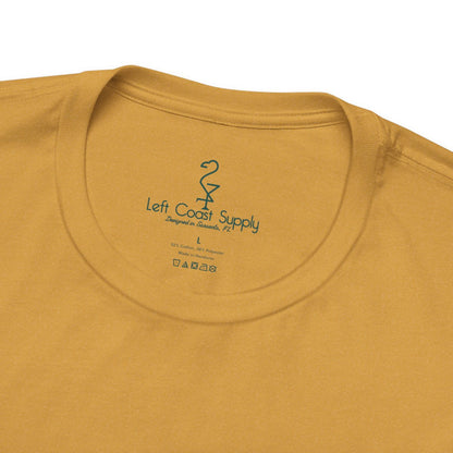 Yellow t-shirt with a skull design made of leaves on the back. Left Coast Supply