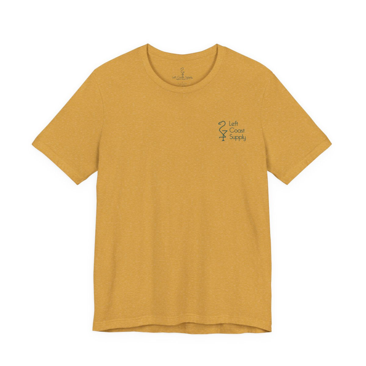 Mustard t-shirt with a skull design made of leaves on the back. Left Coast Supply