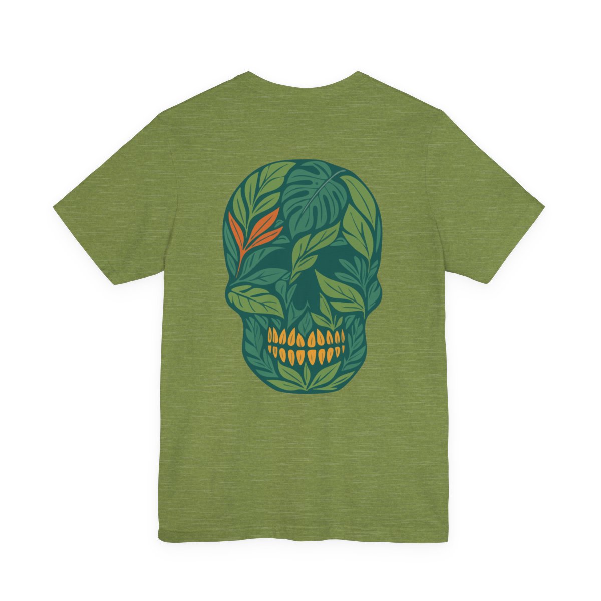 Green t-shirt with a skull design made of leaves on the back. Left Coast Supply