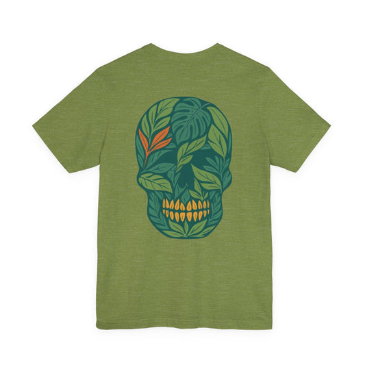 Green t-shirt with a skull design made of leaves on the back. Left Coast Supply