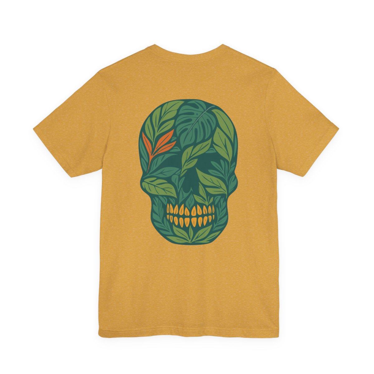 Mustard t-shirt with a skull design made of leaves on the back. Left Coast Supply