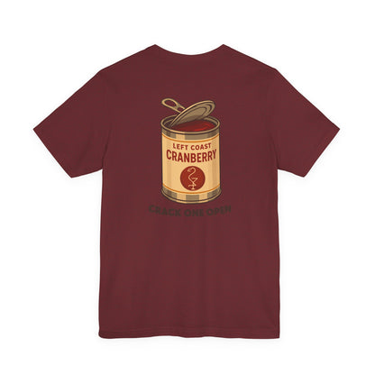 Maroon t-shirt with a can of cranberry sauce graphic on the back, Left Coast Supply