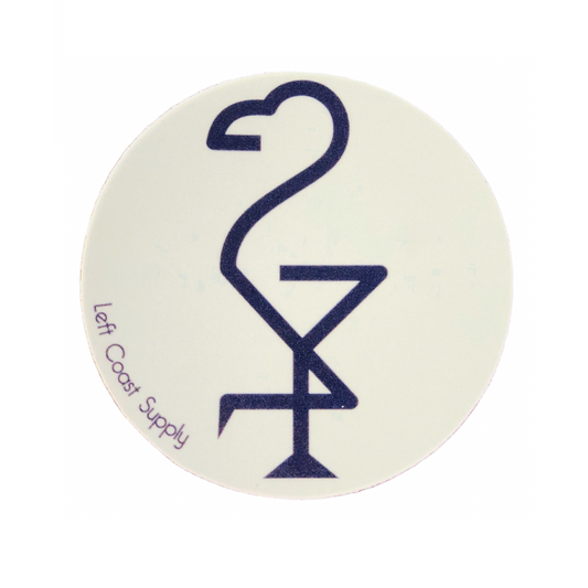 A round sticker with a mint background featuring a navy blue flamingo logo and the text 'Left Coast Supply'.
