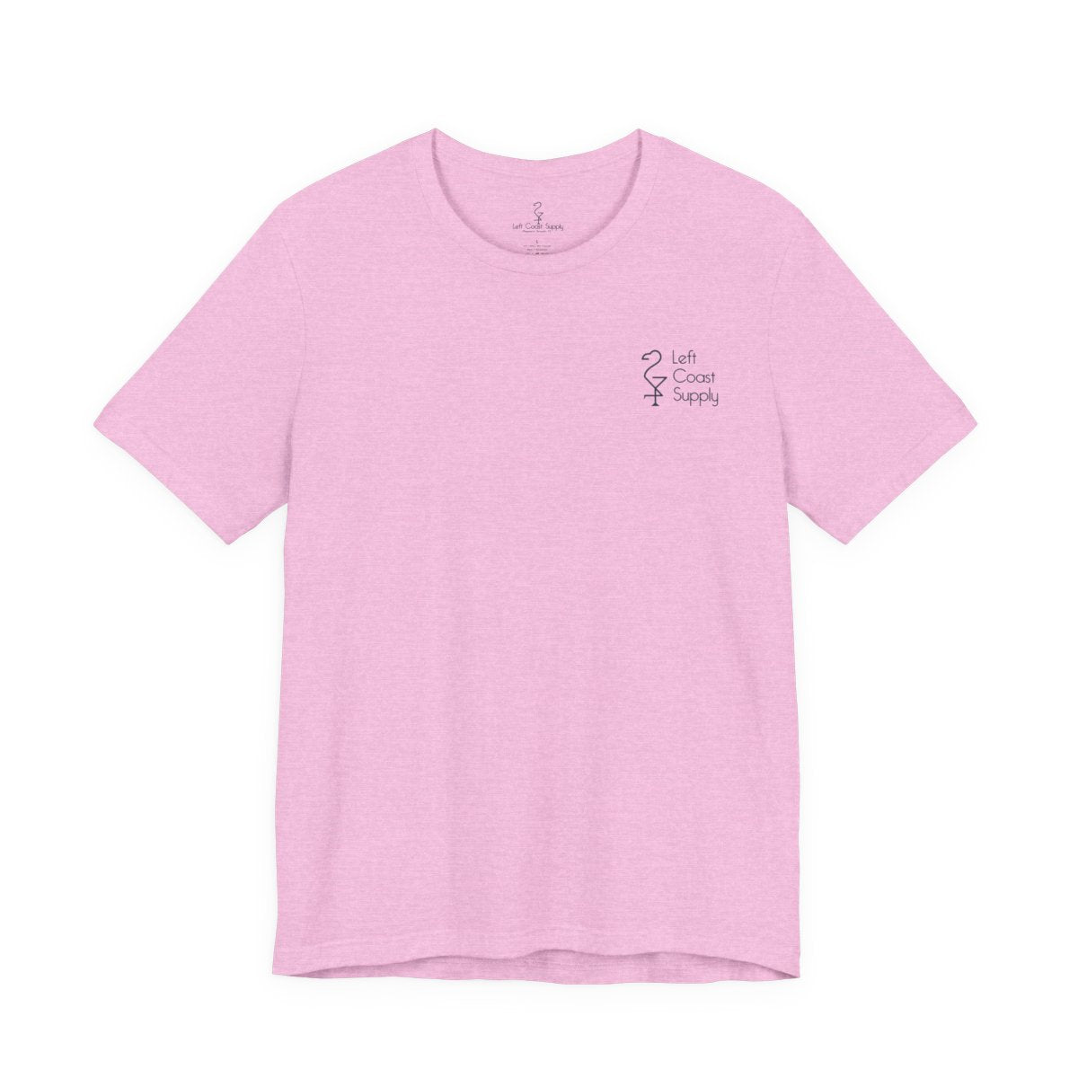 Pink t-shirt with a black flamingo graphic on the back left coast supply