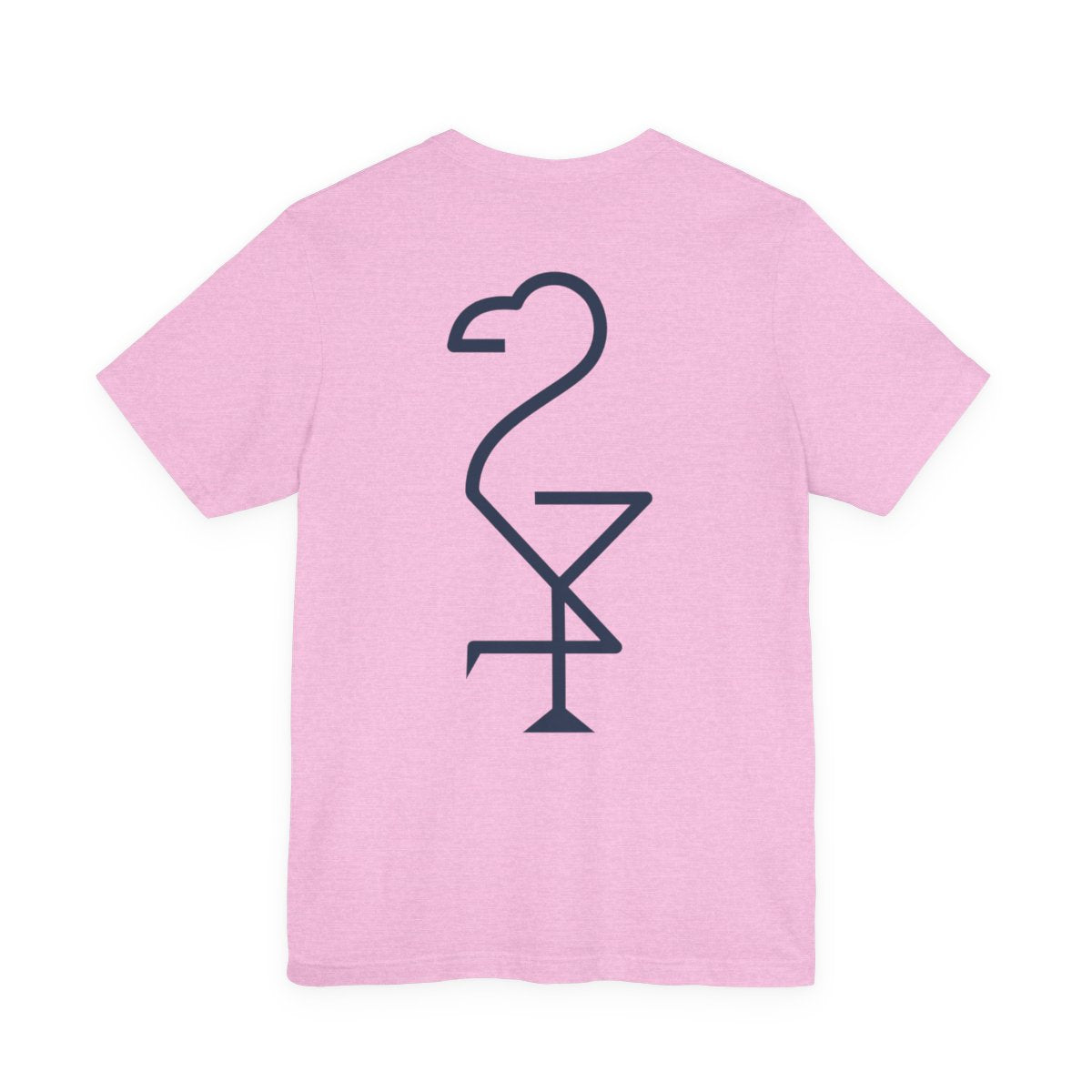 Pink t-shirt with a black flamingo graphic on the back left coast supply