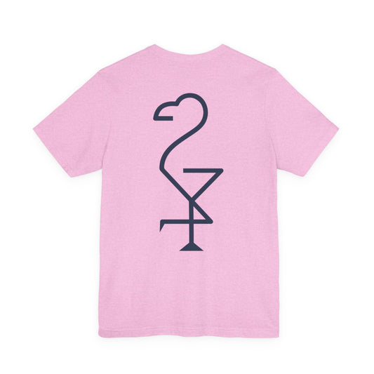 Pink t-shirt with a black flamingo graphic on the back left coast supply