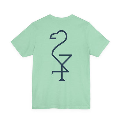 Light green t-shirt with a navy blue flamingo graphic on the back Left Coast Supply