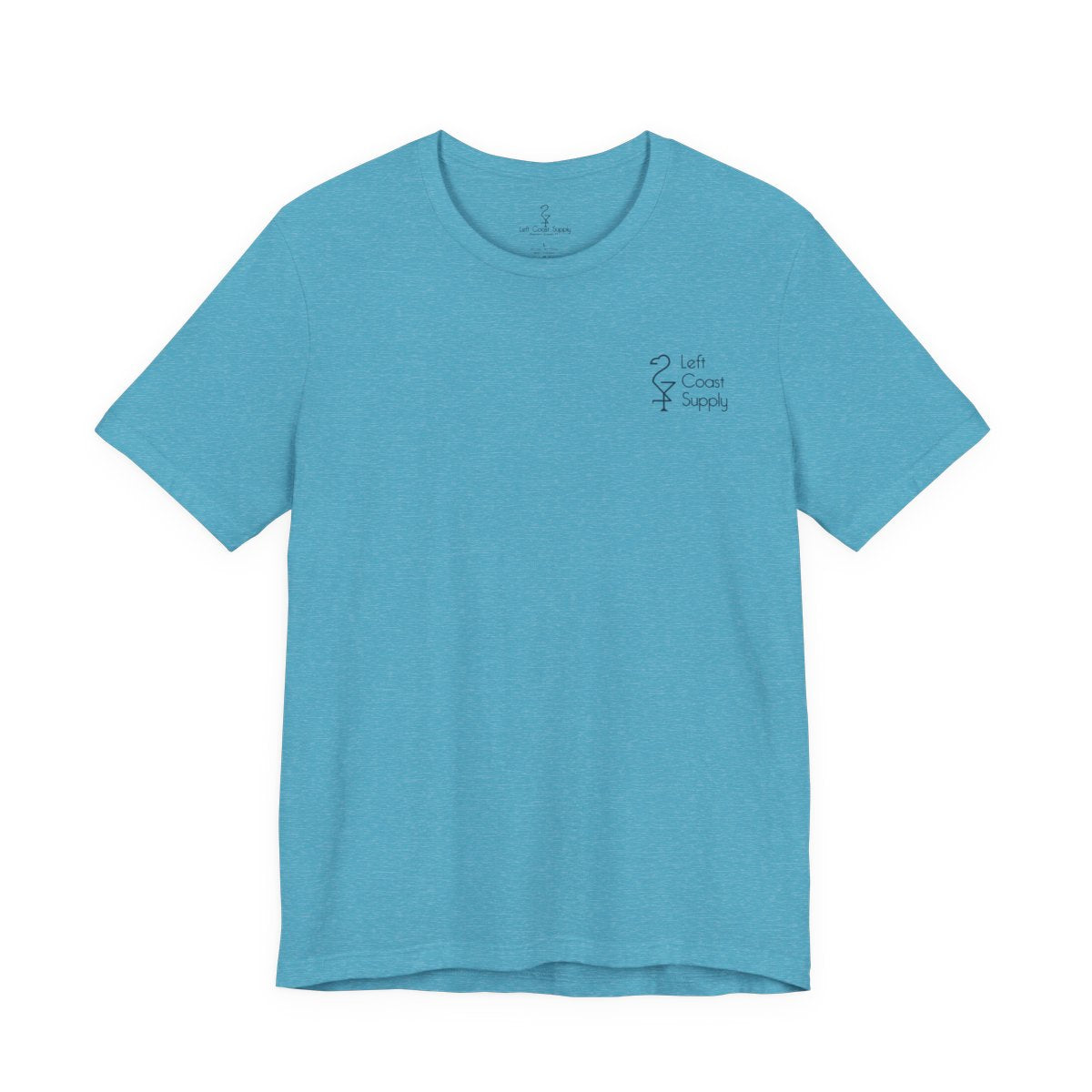 Blue t-shirt with a black flamingo design on the back Left Coast Supply