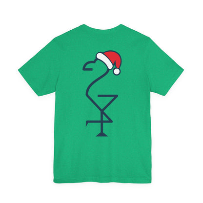 Green t-shirt with a navy outline of a flamingo wearing a Santa hat. Left Coast Supply