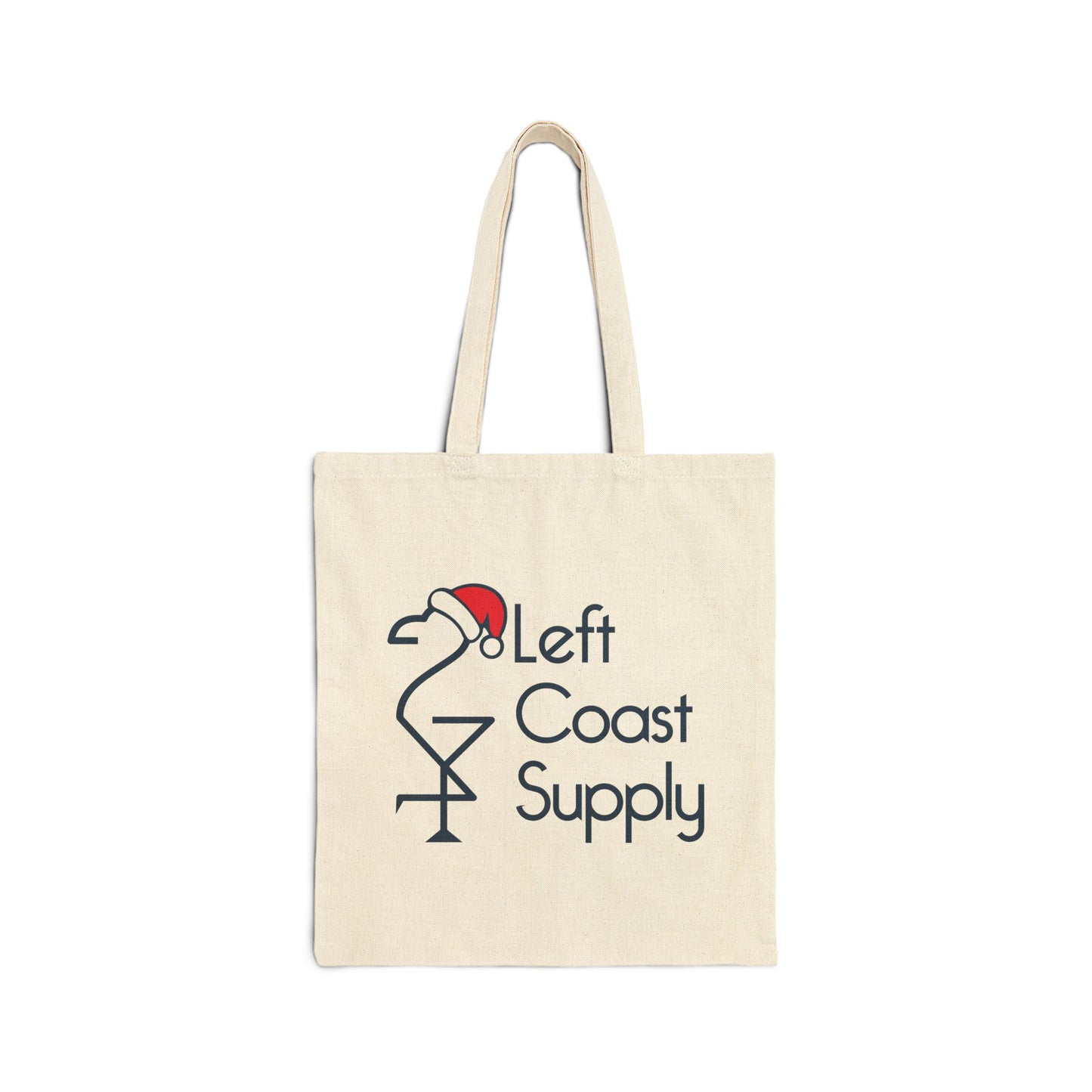Beige tote bag with 'Left Coast Supply' logo featuring a flamingo.