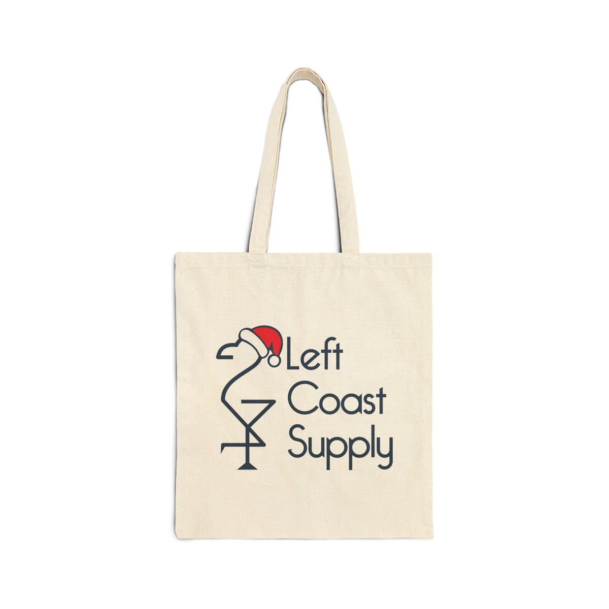 Beige tote bag with 'Left Coast Supply' logo featuring a flamingo.