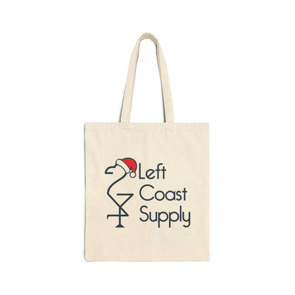 Beige tote bag with 'Left Coast Supply' logo featuring a flamingo.
