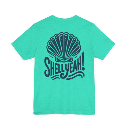 Turquoise t-shirt with a shell graphic and 'Shell Yeah!' text Left Coast Supply