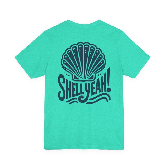 Turquoise t-shirt with a shell graphic and 'Shell Yeah!' text Left Coast Supply