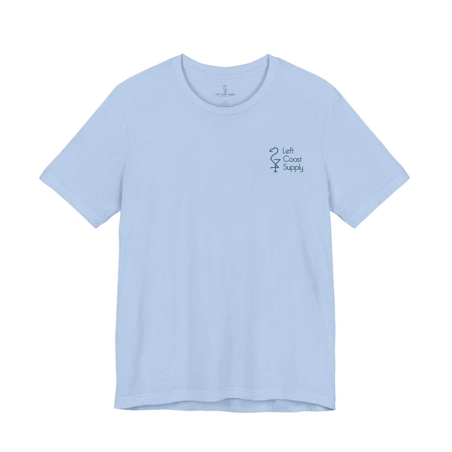 Light blue t-shirt with black bikini and martini pattern. Left Coast Supply