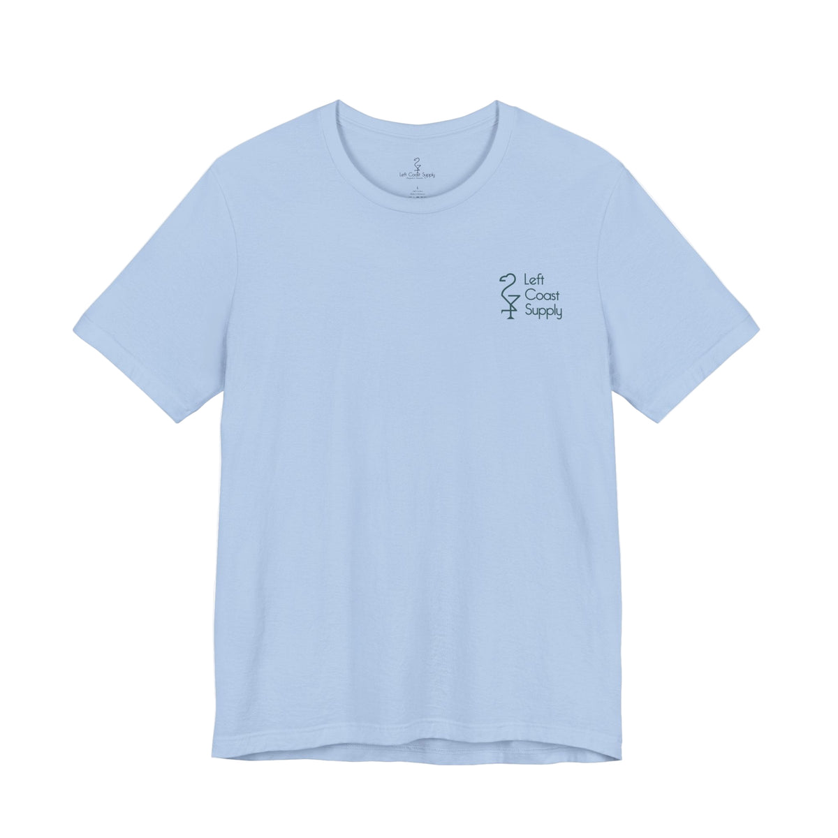 Light blue t-shirt with black bikini and martini pattern. Left Coast Supply