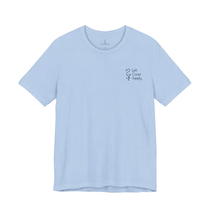 Light blue t-shirt with black bikini and martini pattern. Left Coast Supply