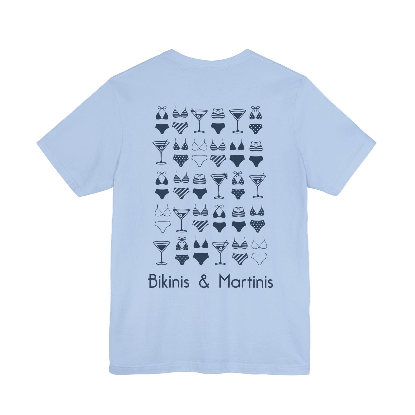 Light blue t-shirt with black bikini and martini pattern. Left Coast Supply