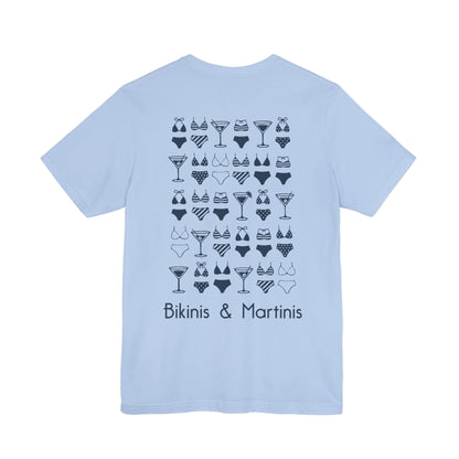 Light blue t-shirt with black bikini and martini pattern. Left Coast Supply
