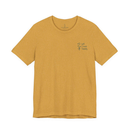 Yellow t-shirt with a leaf-patterned creature graphic on the back. Left Coast Supply